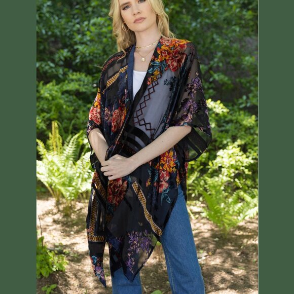 Ky Soreco Tops - Ky Soreco Boho Velvet Burnout Floral Flyaway Kimono Poncho Sheer Shawl Ruana